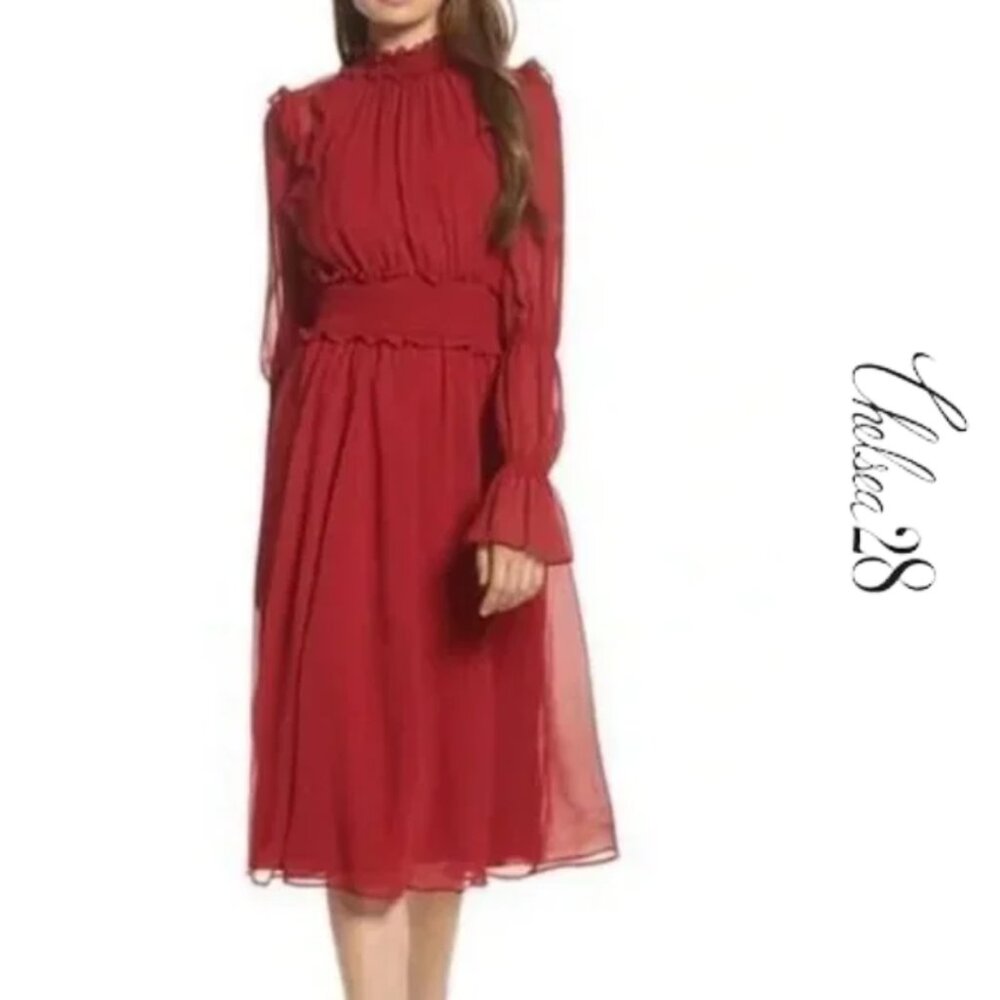 CHELSEA28 Ruffle Midi LOng Sleeve Red Jester Dress